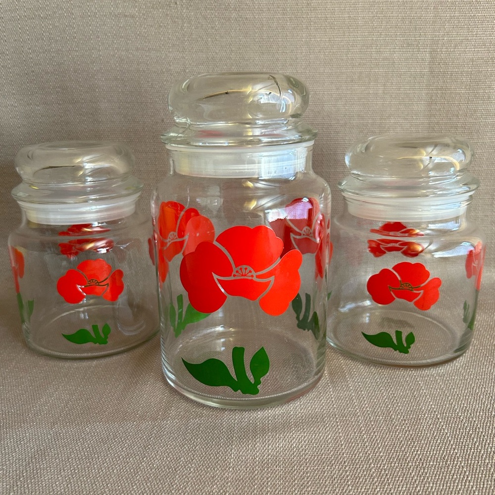 Vintage Anchor Hocking Red Poppy - Foxy Flower - Canister Set - Jars - Set of 3